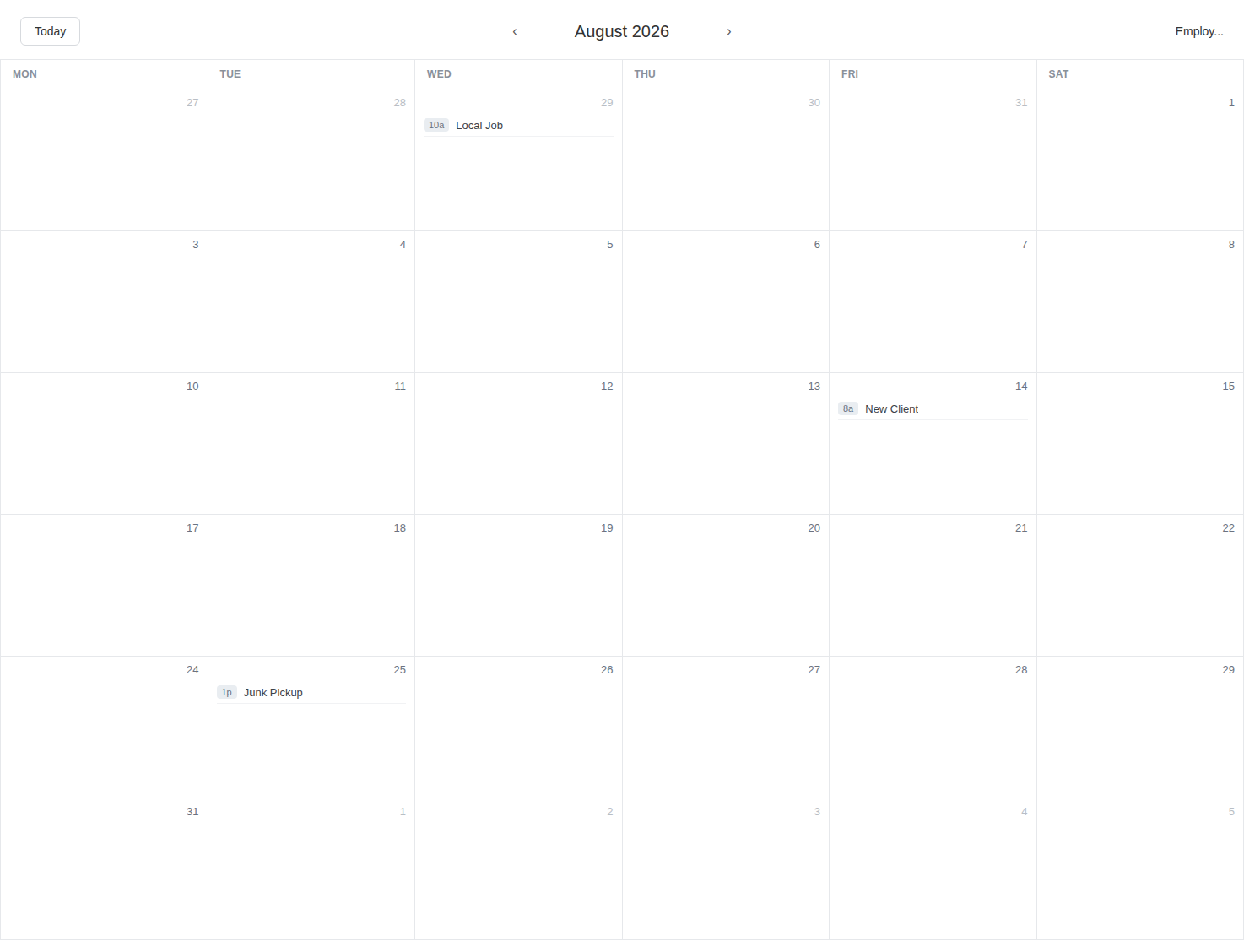 Junk removal booking calendar with only a few jobs scheduled